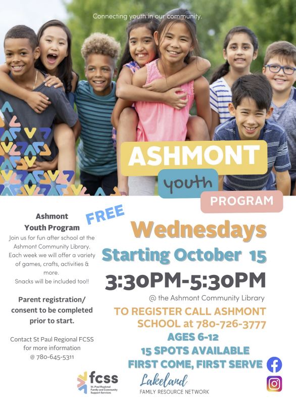 St. Paul Regional FCSS event poster for Ashmont Youth Program starting in October 2025 for the 2025-26 school year